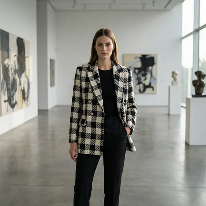 Clarvette | Double-Breasted Tweed Check Blazer