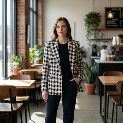 Clarvette | Double-Breasted Tweed Check Blazer