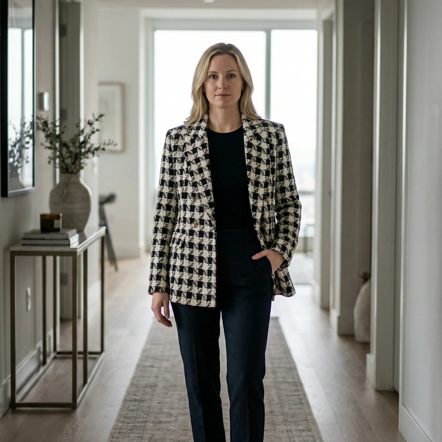 Clarvette | Double-Breasted Tweed Check Blazer