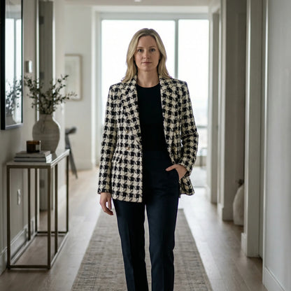 Clarvette | Double-Breasted Tweed Check Blazer