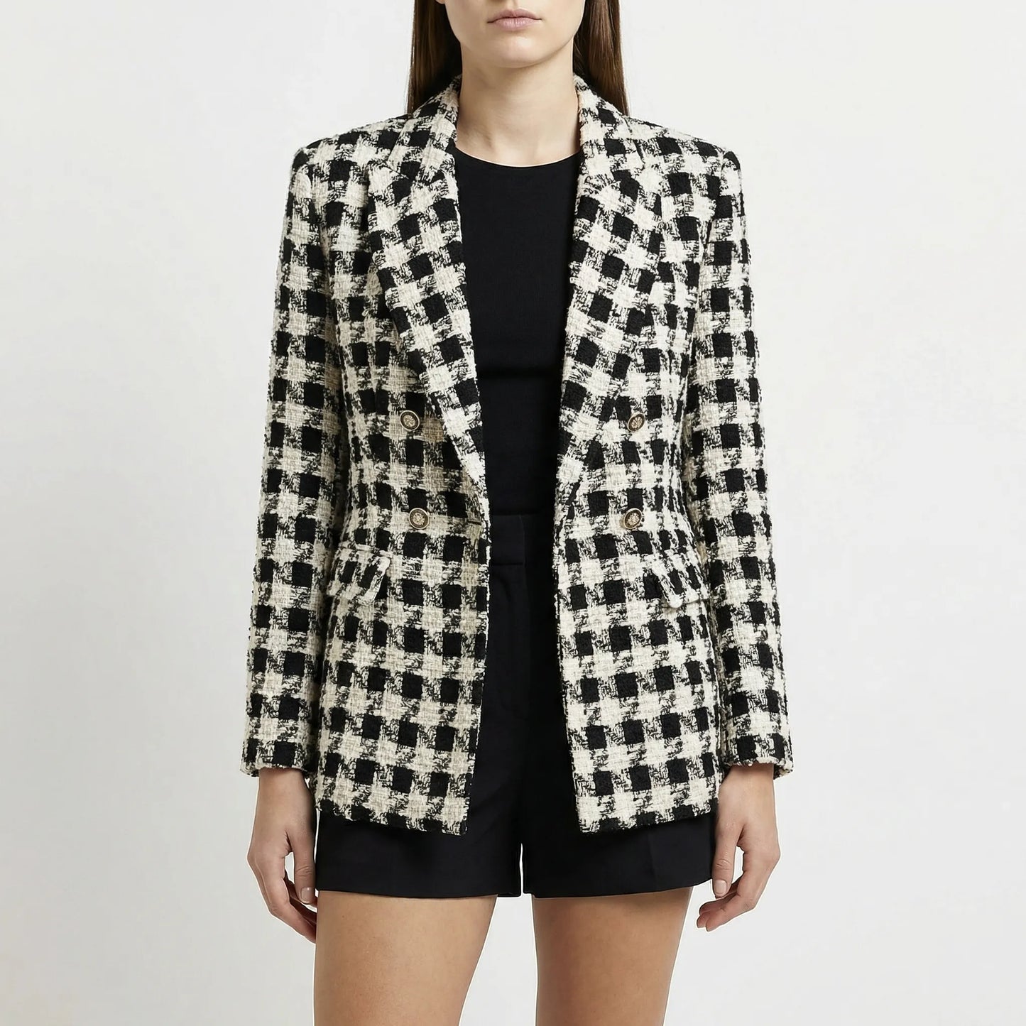 Clarvette | Double-Breasted Tweed Check Blazer