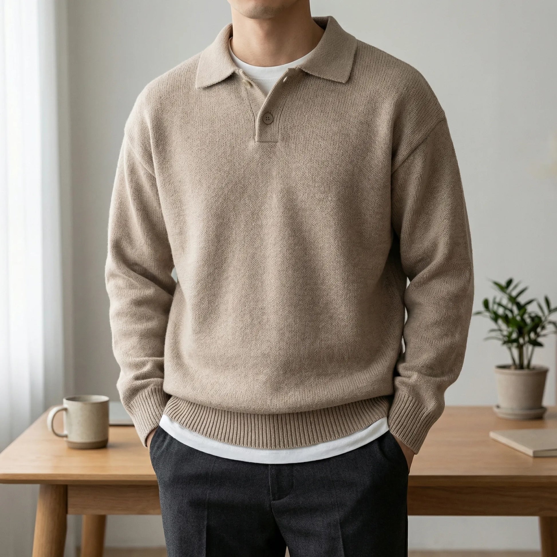 Collven | Oversized Polo Collar Knit Sweater