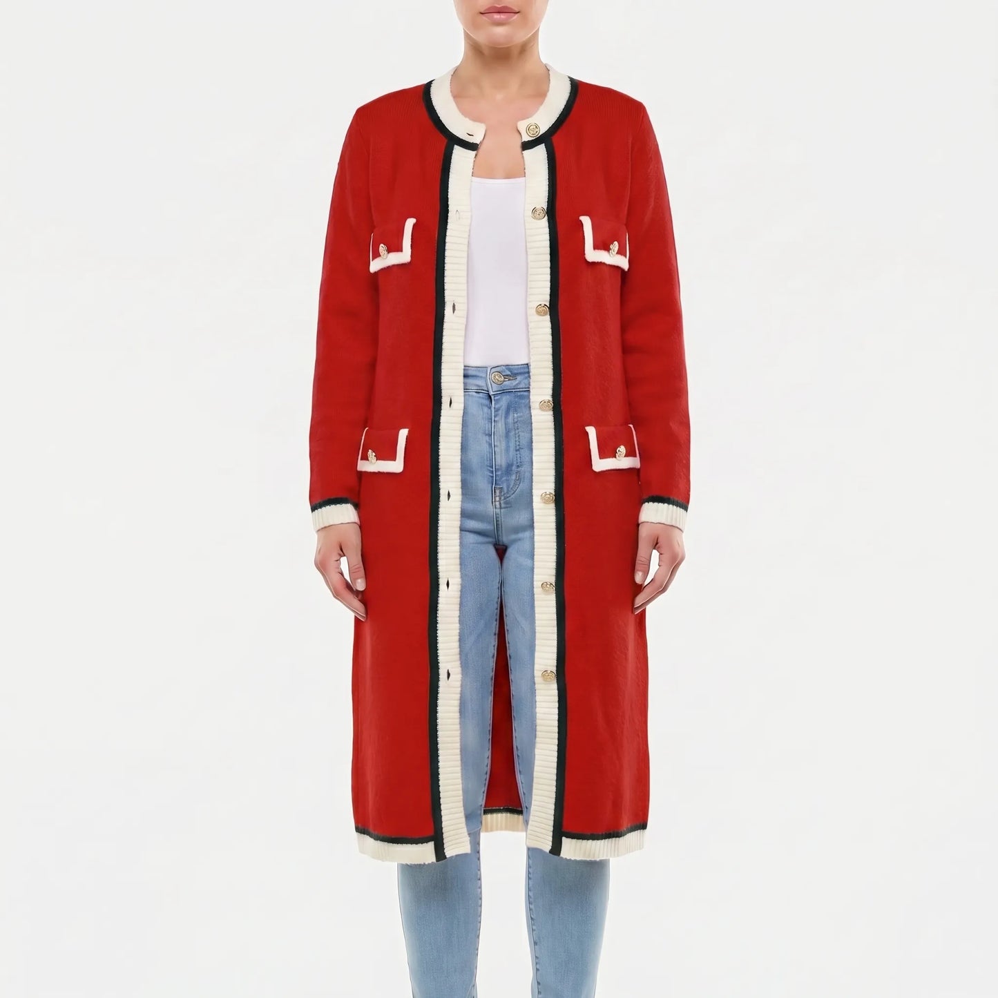 Colourvia | Long Knit Button-Up Colour Block Cardigan