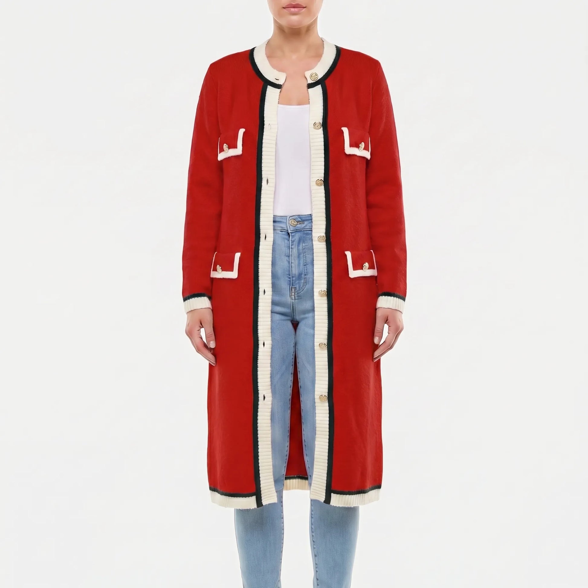 Colourvia | Long Knit Button-Up Colour Block Cardigan