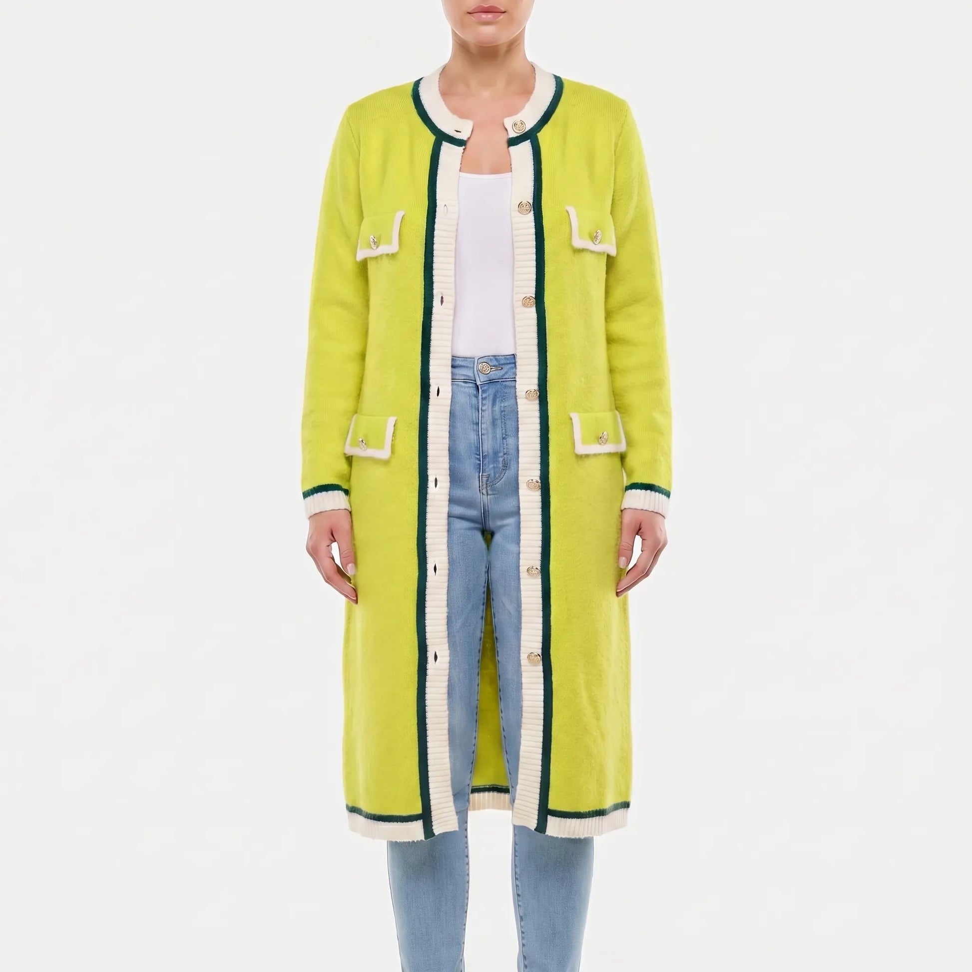 Colourvia | Long Knit Button-Up Colour Block Cardigan