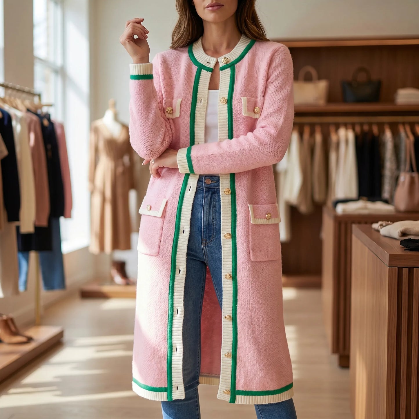 Colourvia | Long Knit Button-Up Colour Block Cardigan