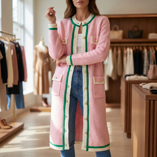 Colourvia | Long Knit Button-Up Colour Block Cardigan