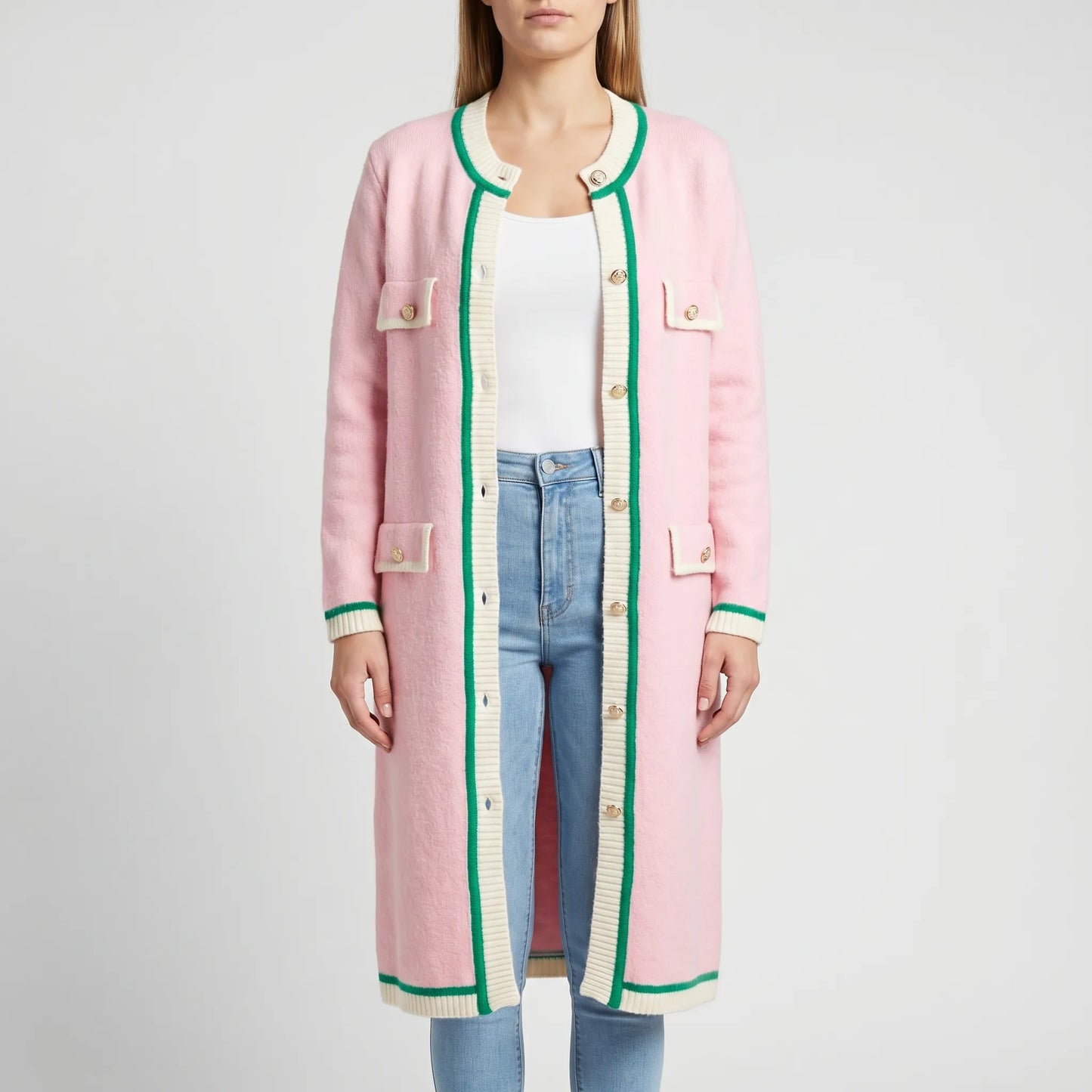 Colourvia | Long Knit Button-Up Colour Block Cardigan