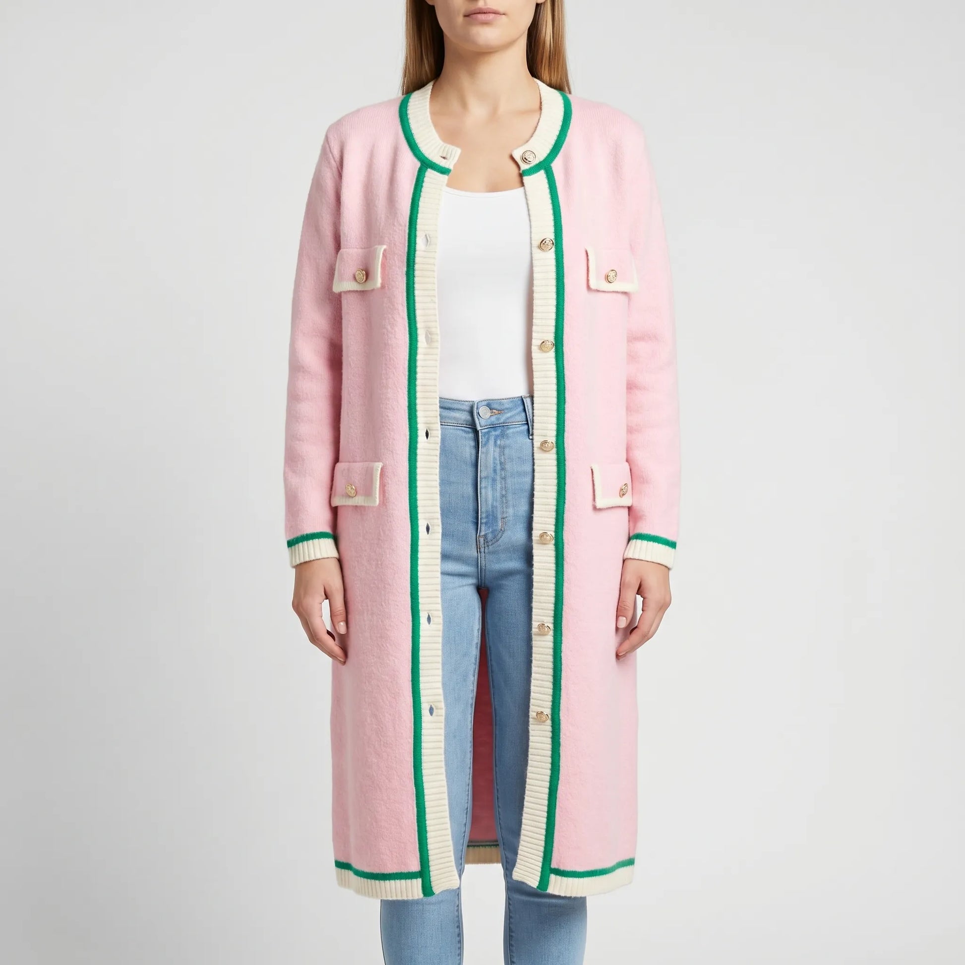 Colourvia | Long Knit Button-Up Colour Block Cardigan