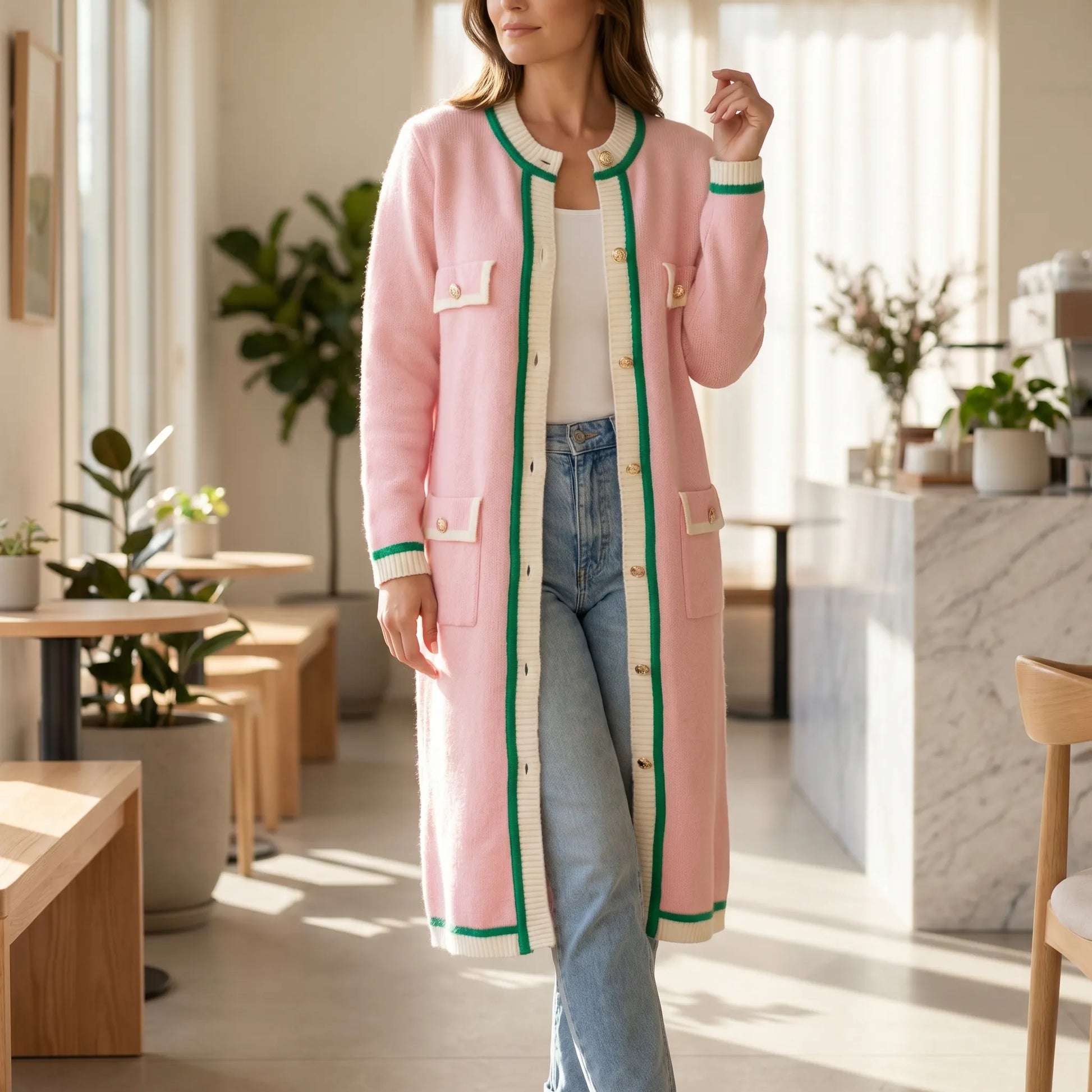 Colourvia | Long Knit Button-Up Colour Block Cardigan