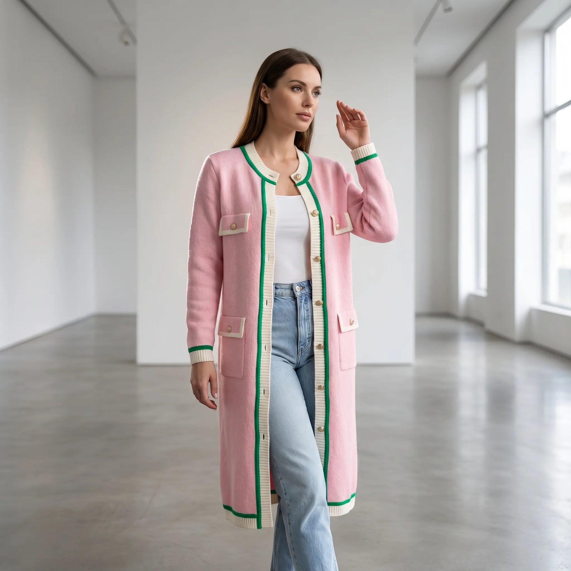 Colourvia | Long Knit Button-Up Colour Block Cardigan