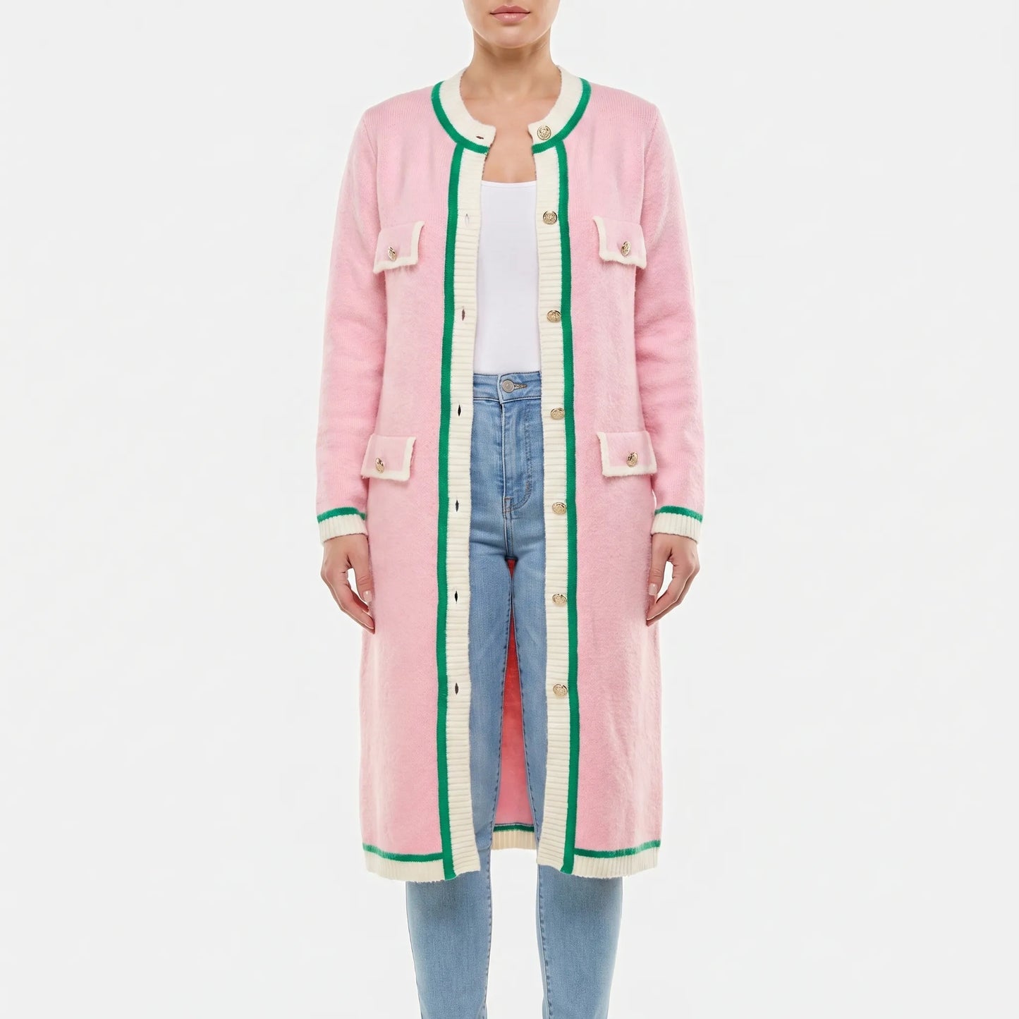 Colourvia | Long Knit Button-Up Colour Block Cardigan