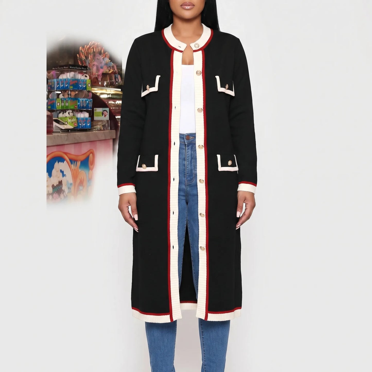 Colourvia | Long Knit Button-Up Colour Block Cardigan
