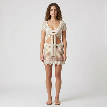 Coralyna | Open-Knit Crop Top And Skirt Set
