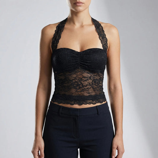 Dentella | Slim Fit Halter Lace Crop Top