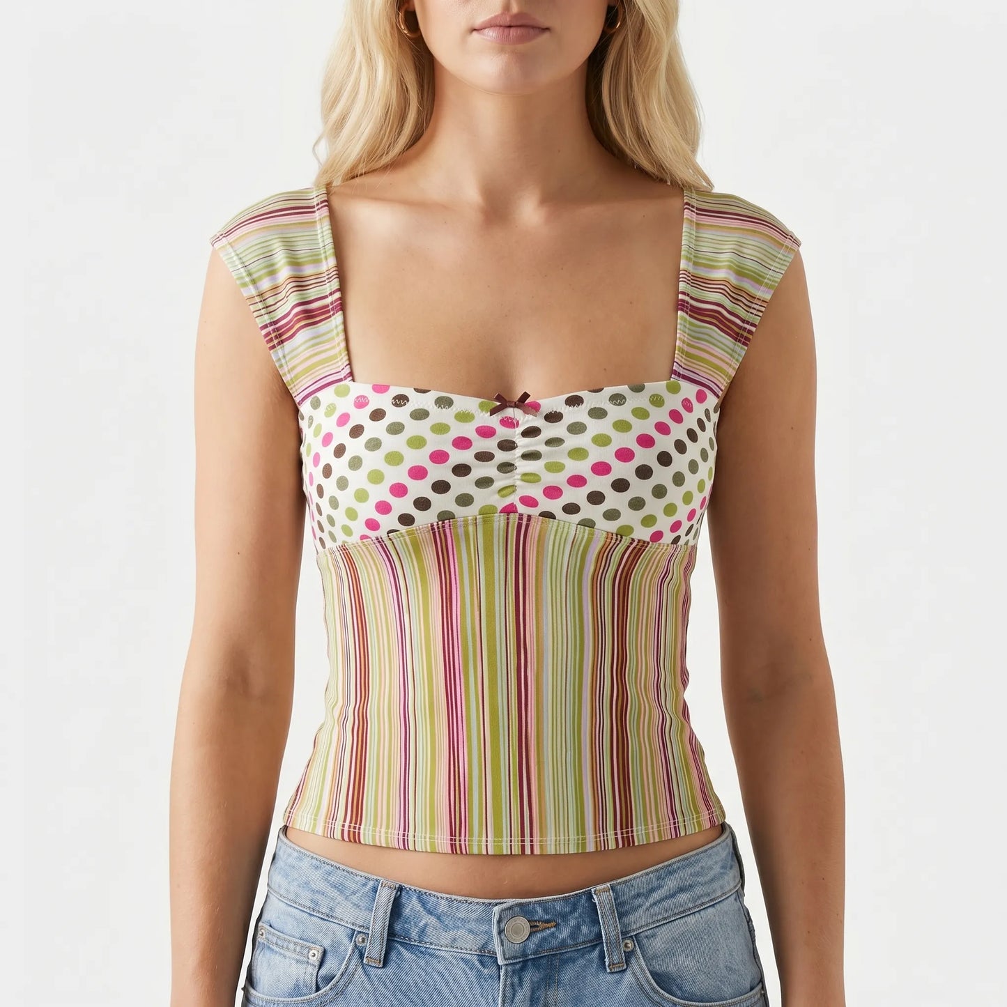 Dotstripe | Mixed Print Square Neck Crop Top