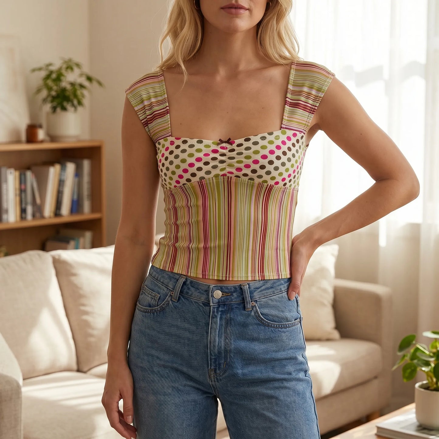Dotstripe | Mixed Print Square Neck Crop Top