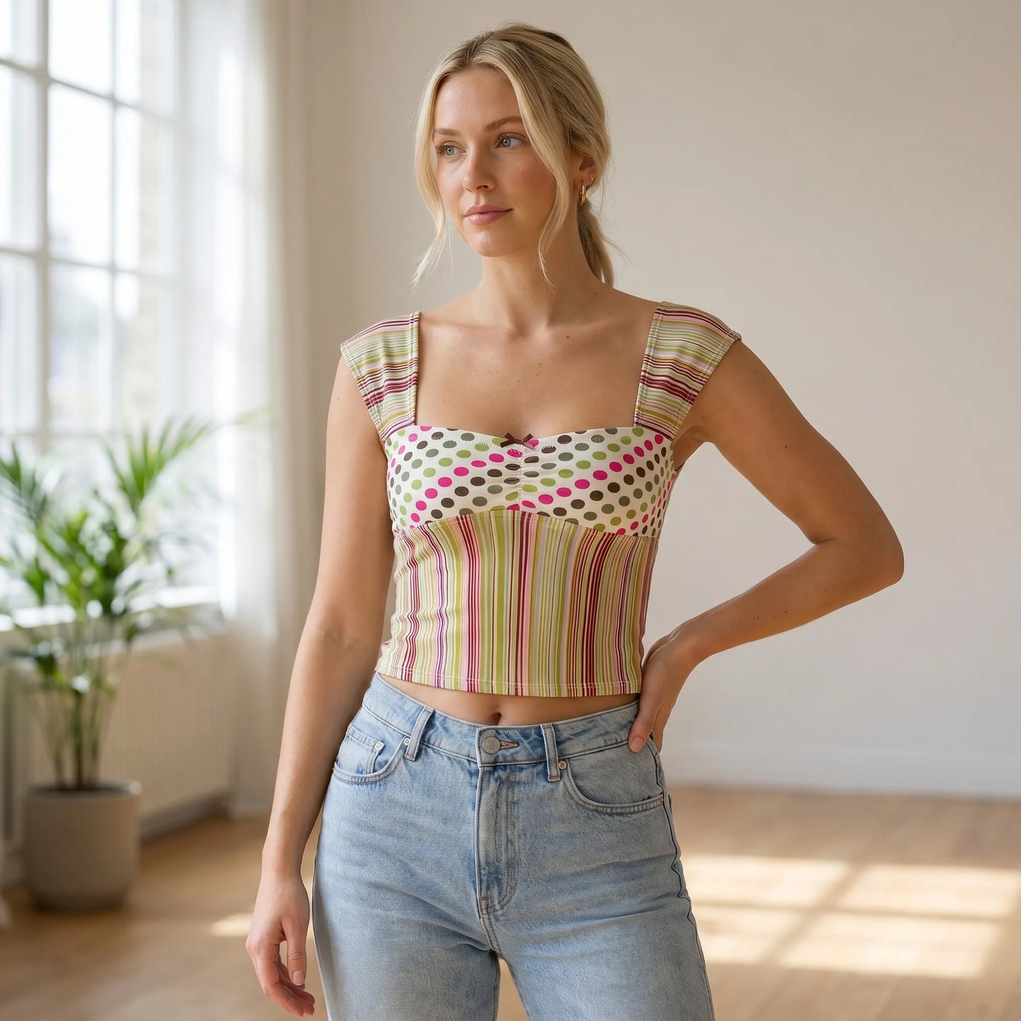 Dotstripe | Mixed Print Square Neck Crop Top