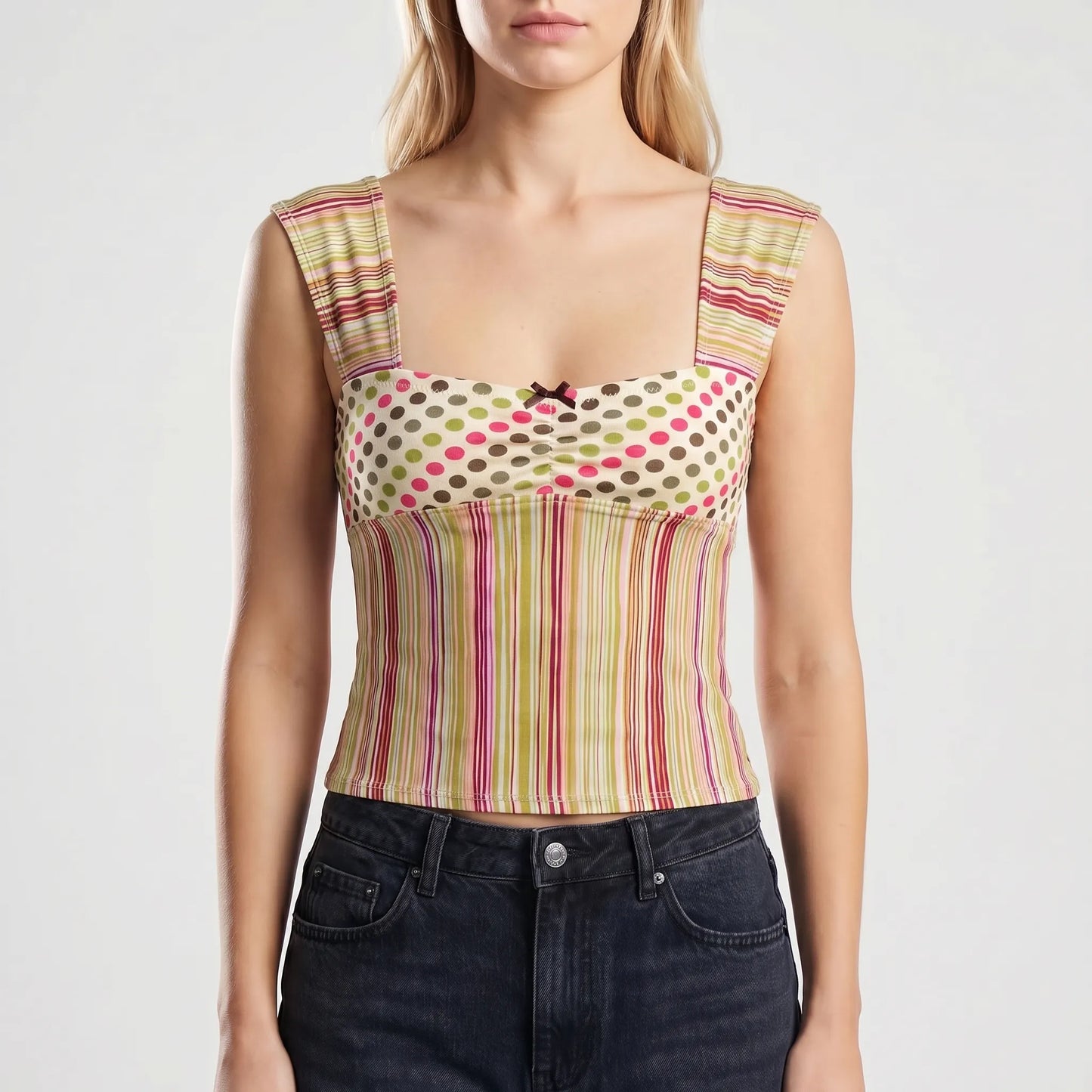 Dotstripe | Mixed Print Square Neck Crop Top
