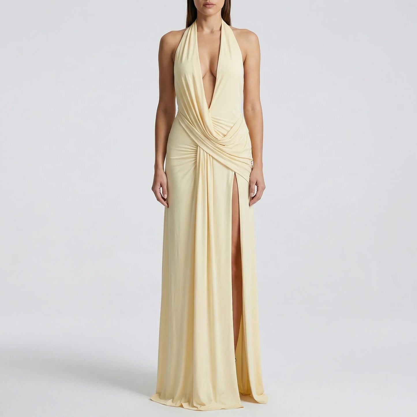 Drapexa - High-Waist Halter Neck Maxi Dress