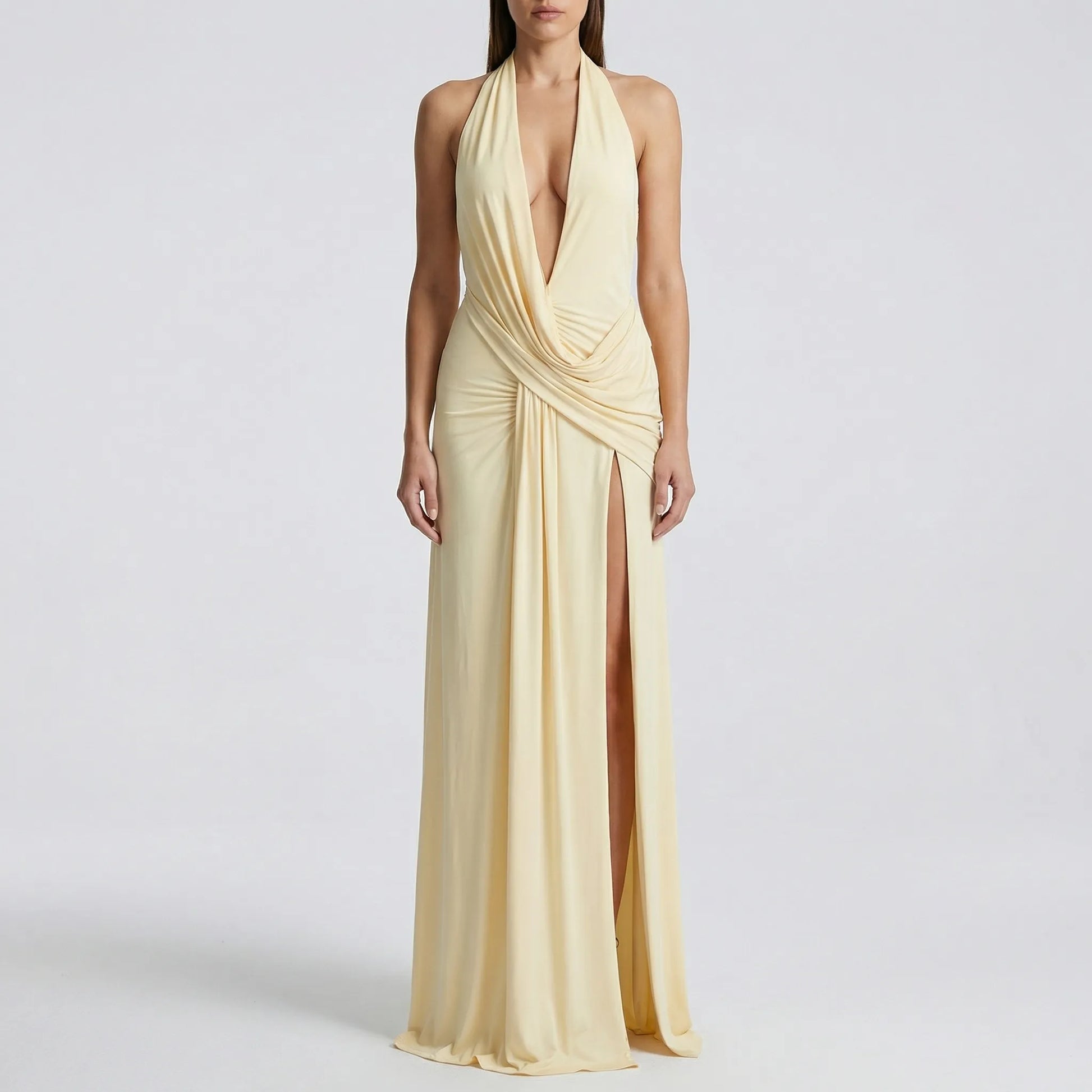 Drapexa - High-Waist Halter Neck Maxi Dress