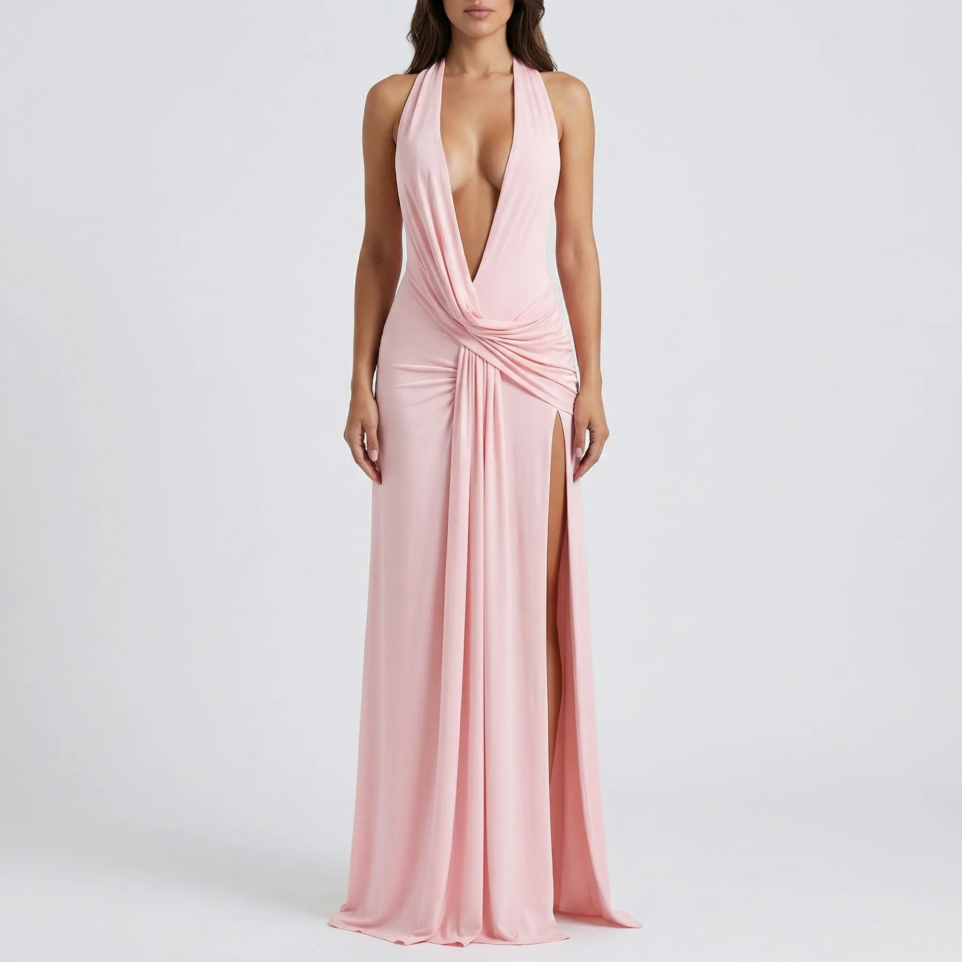 Drapexa - High-Waist Halter Neck Maxi Dress