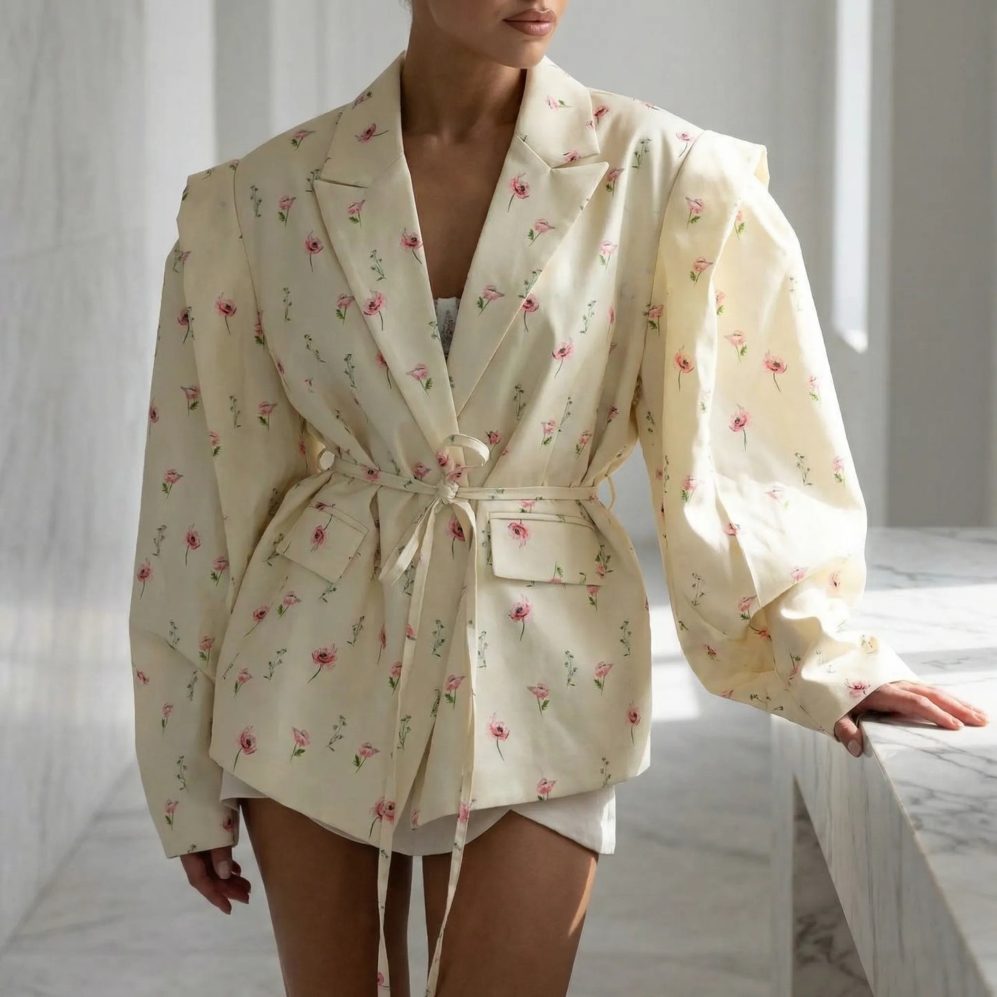 Floreva | Floral Print Belted Blazer Jacket