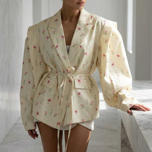 Floreva | Floral Print Belted Blazer Jacket
