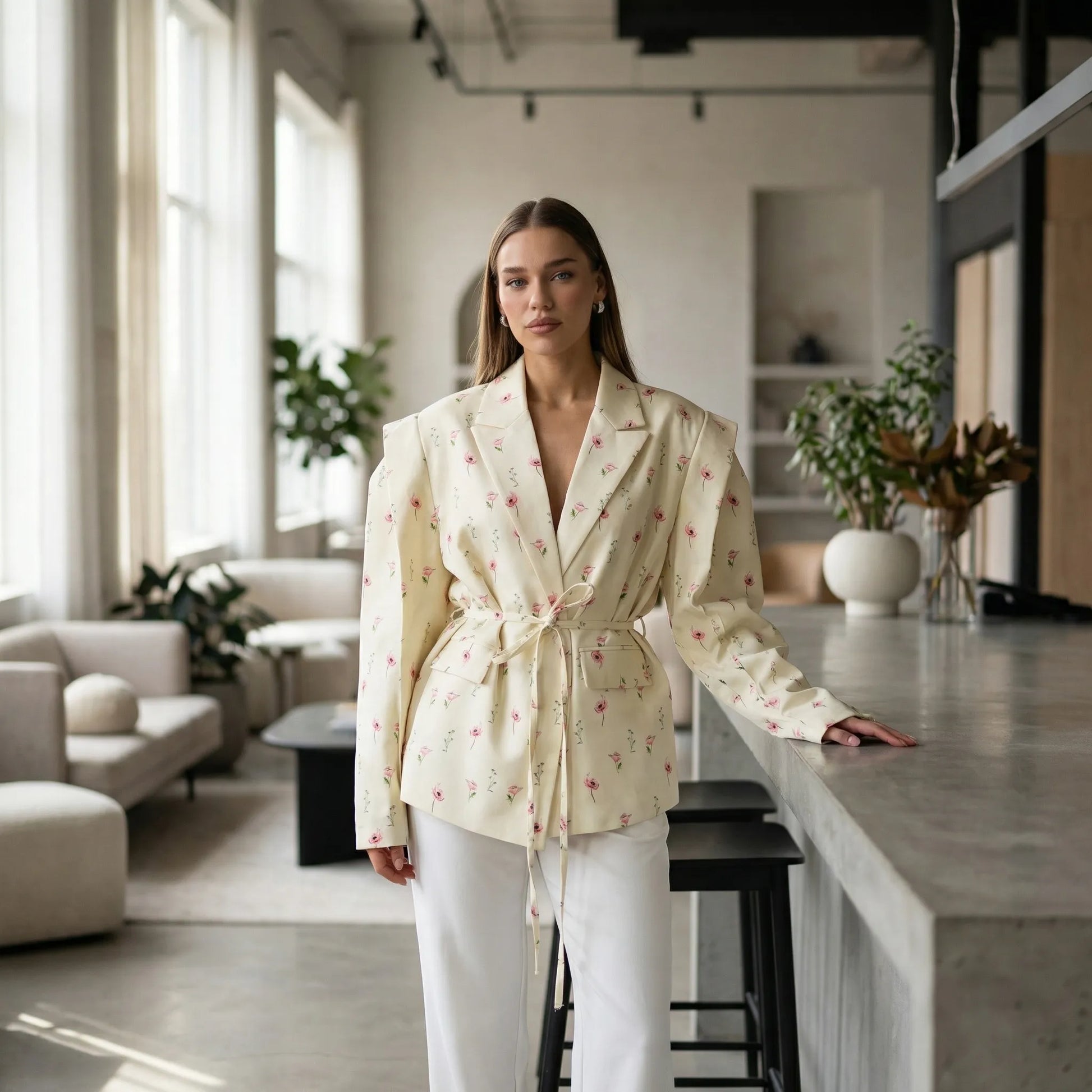 Floreva | Floral Print Belted Blazer Jacket