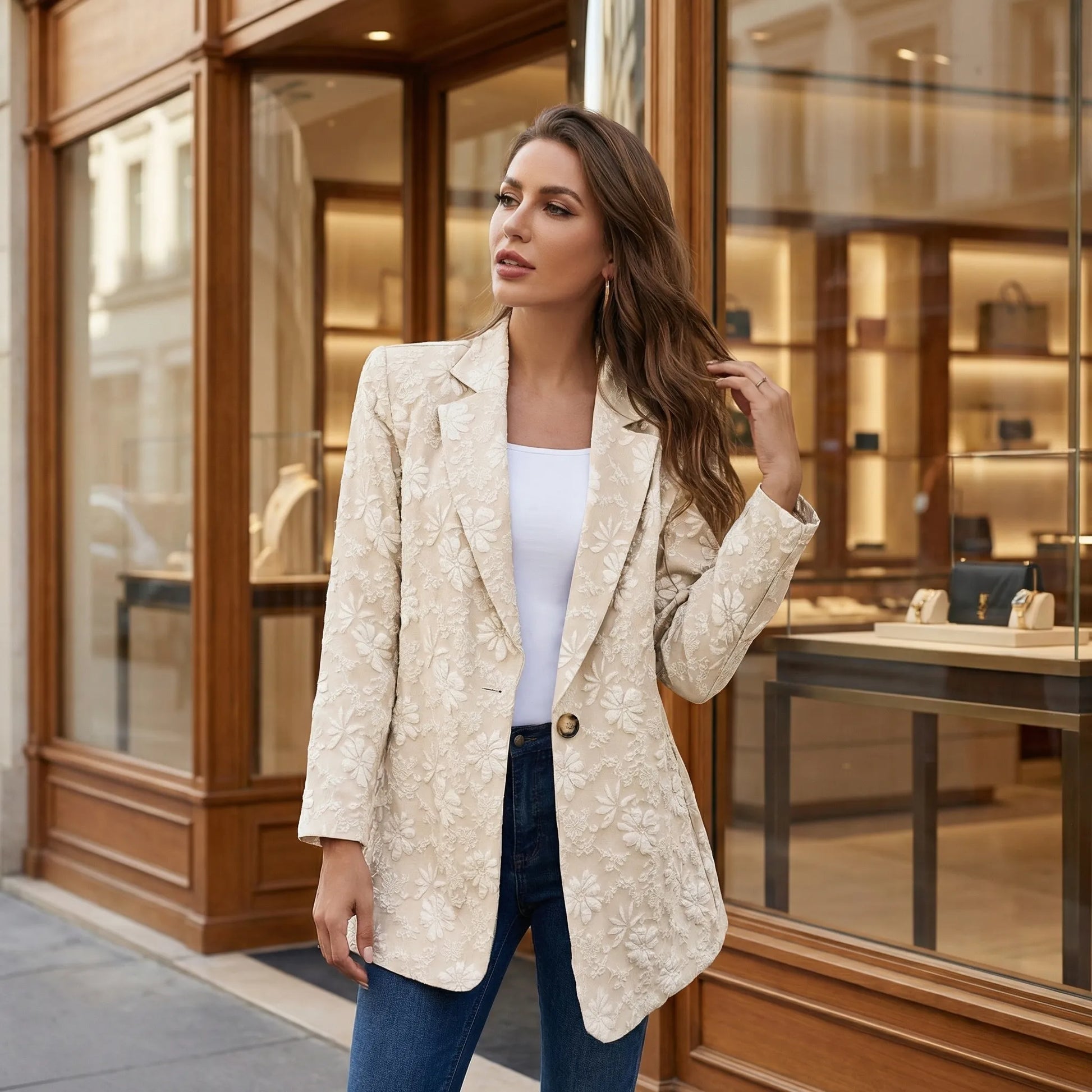 Floriqué | Floral Jacquard Long Sleeve Blazer