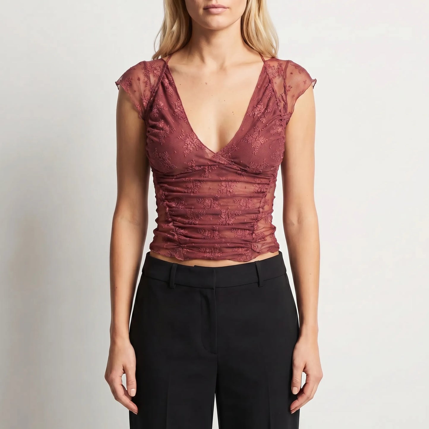 Florveil | Ruched Lace Floral Cap Sleeve Top