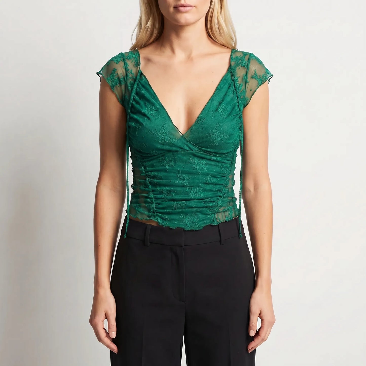 Florveil | Ruched Lace Floral Cap Sleeve Top
