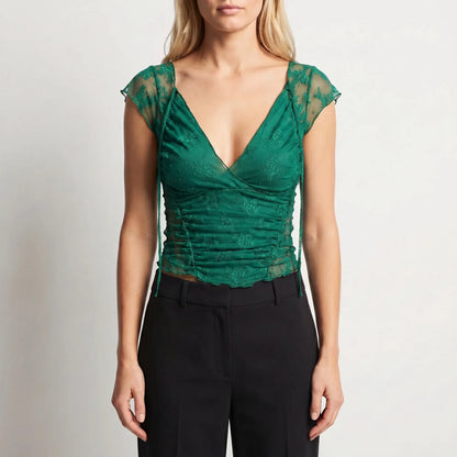 Florveil | Ruched Lace Floral Cap Sleeve Top