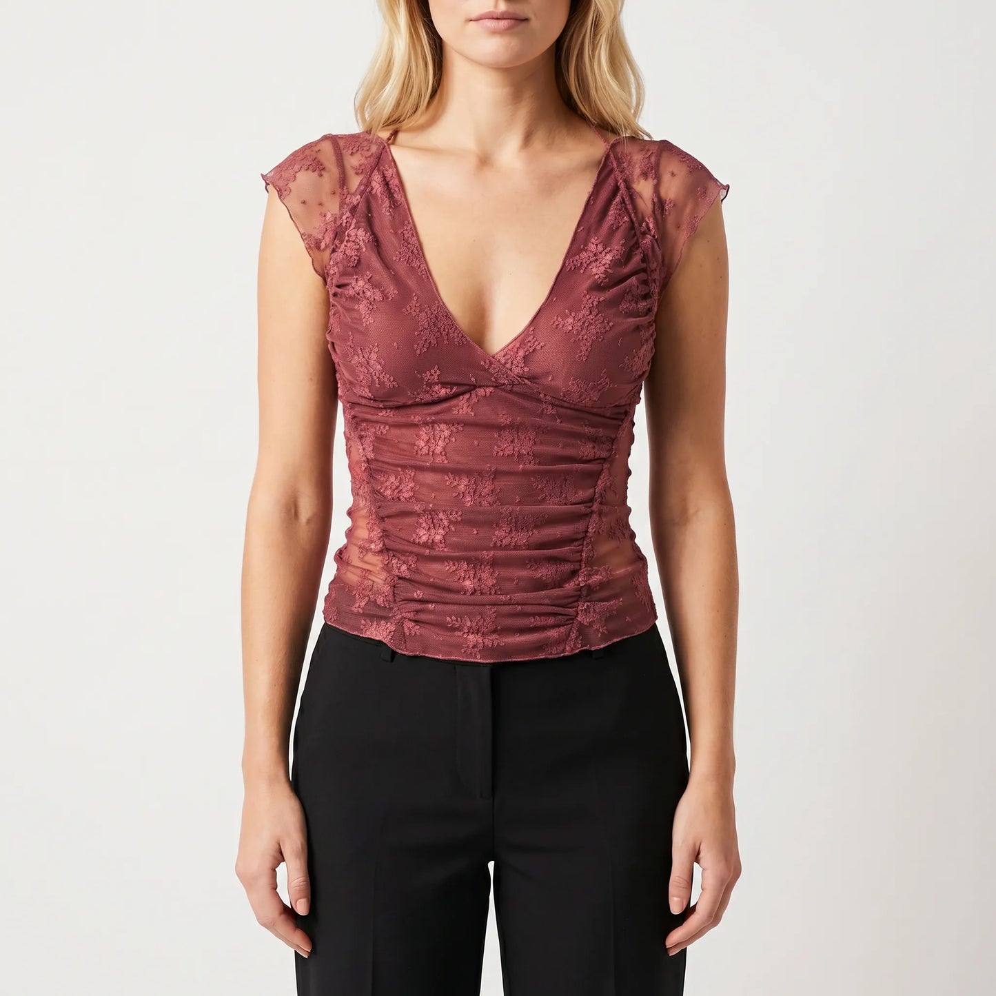 Florveil | Ruched Lace Floral Cap Sleeve Top