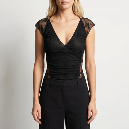 Florveil | Ruched Lace Floral Cap Sleeve Top