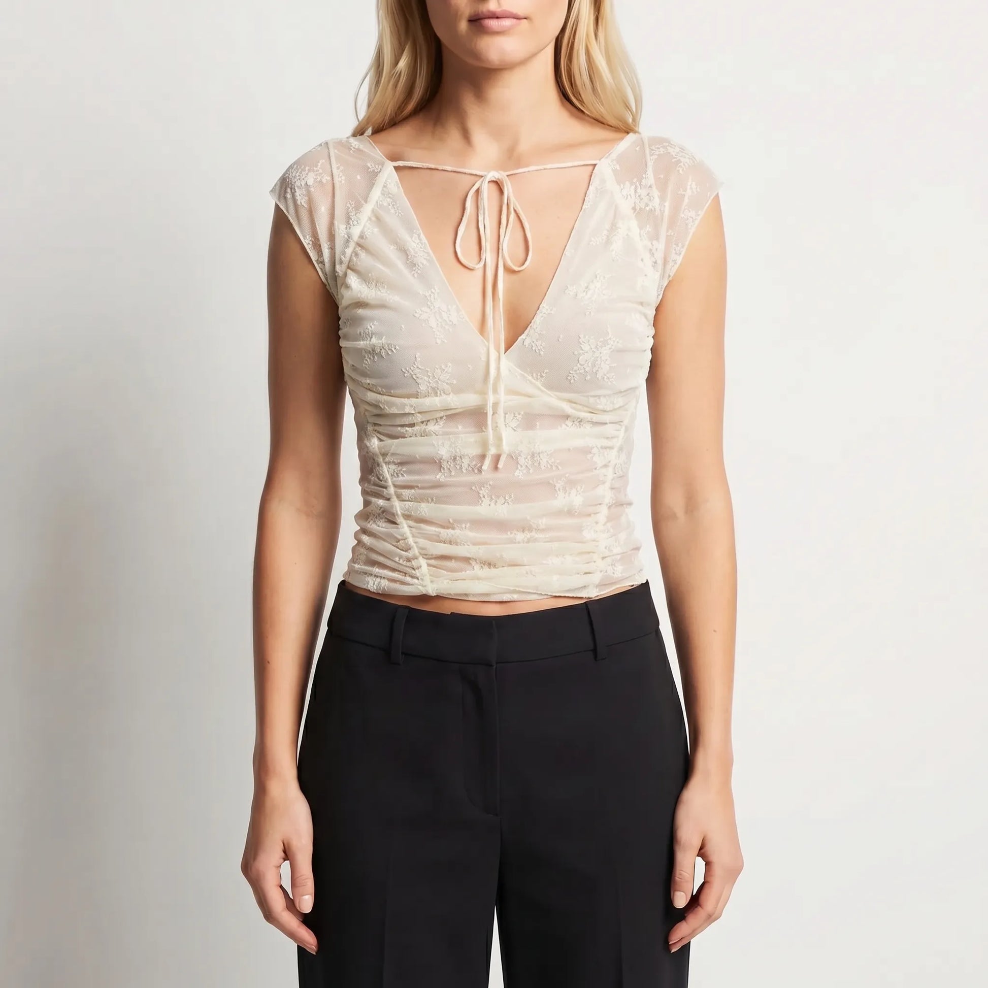 Florveil | Ruched Lace Floral Cap Sleeve Top