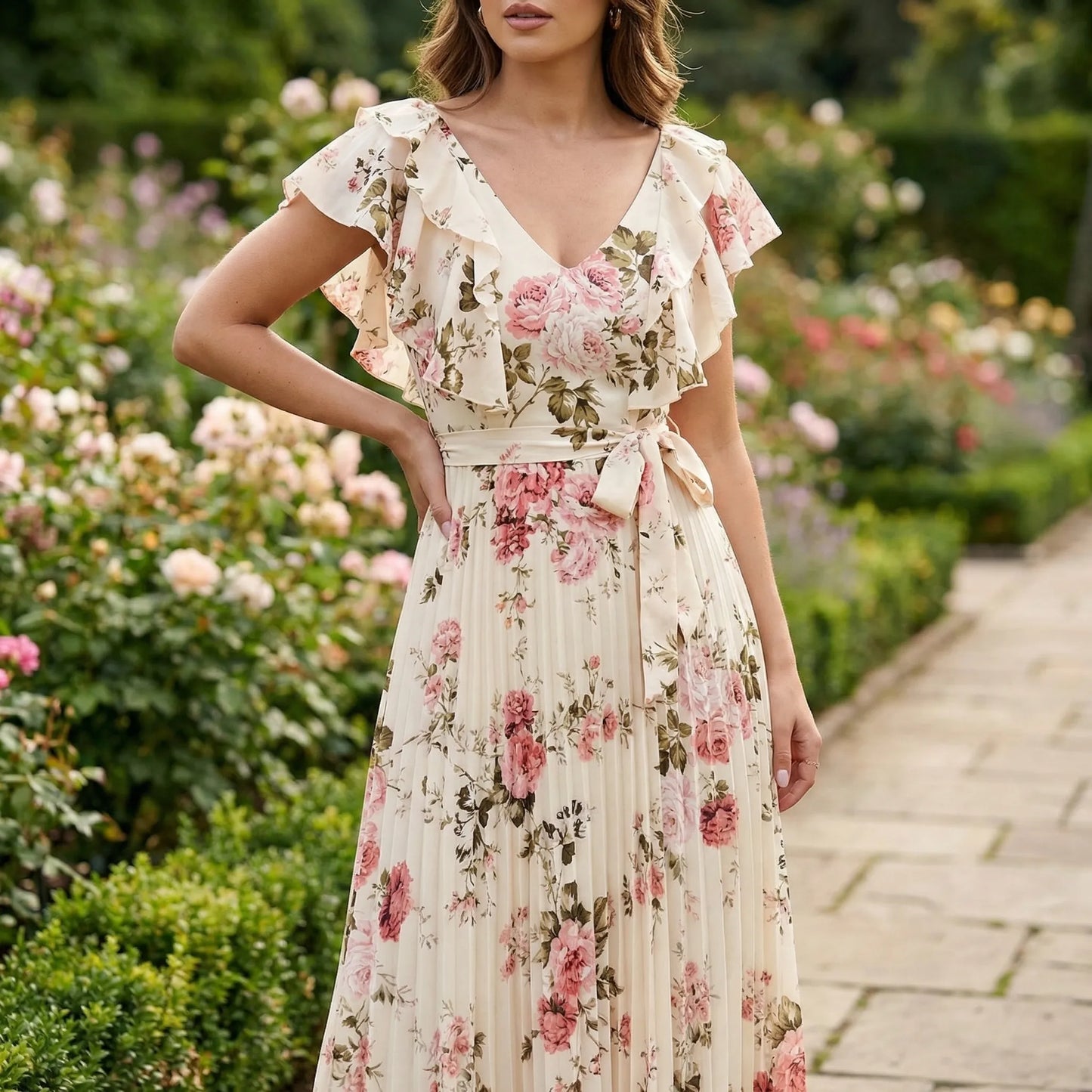 Florvelle - Floral Print Pleated Maxi Dress