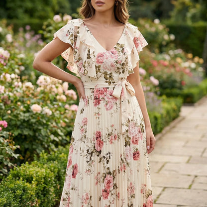 Florvelle - Floral Print Pleated Maxi Dress