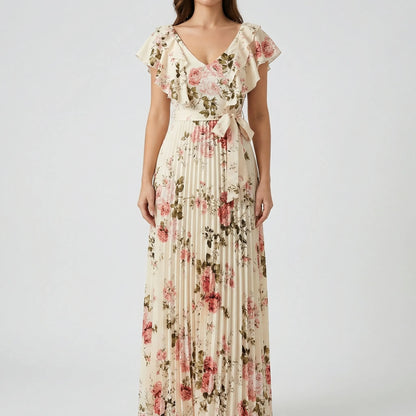 Florvelle - Floral Print Pleated Maxi Dress
