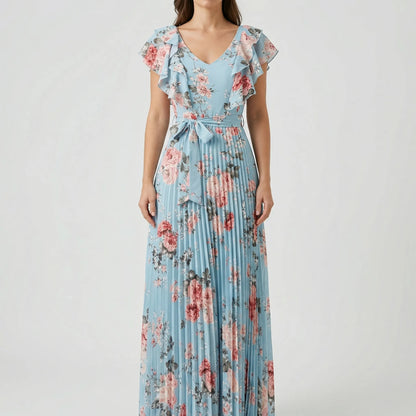 Florvelle - Floral Print Pleated Maxi Dress
