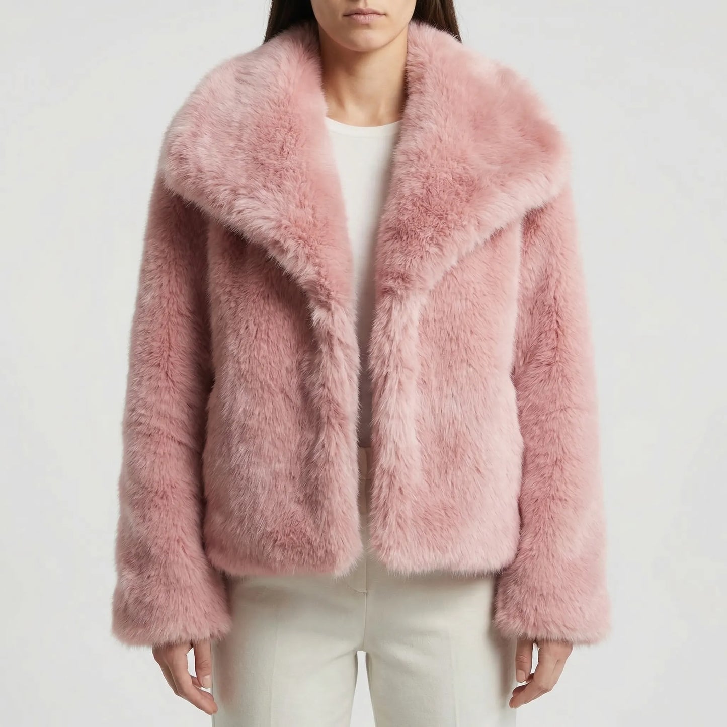 Fluffara - Cropped Open-Front Faux Fur Jacket