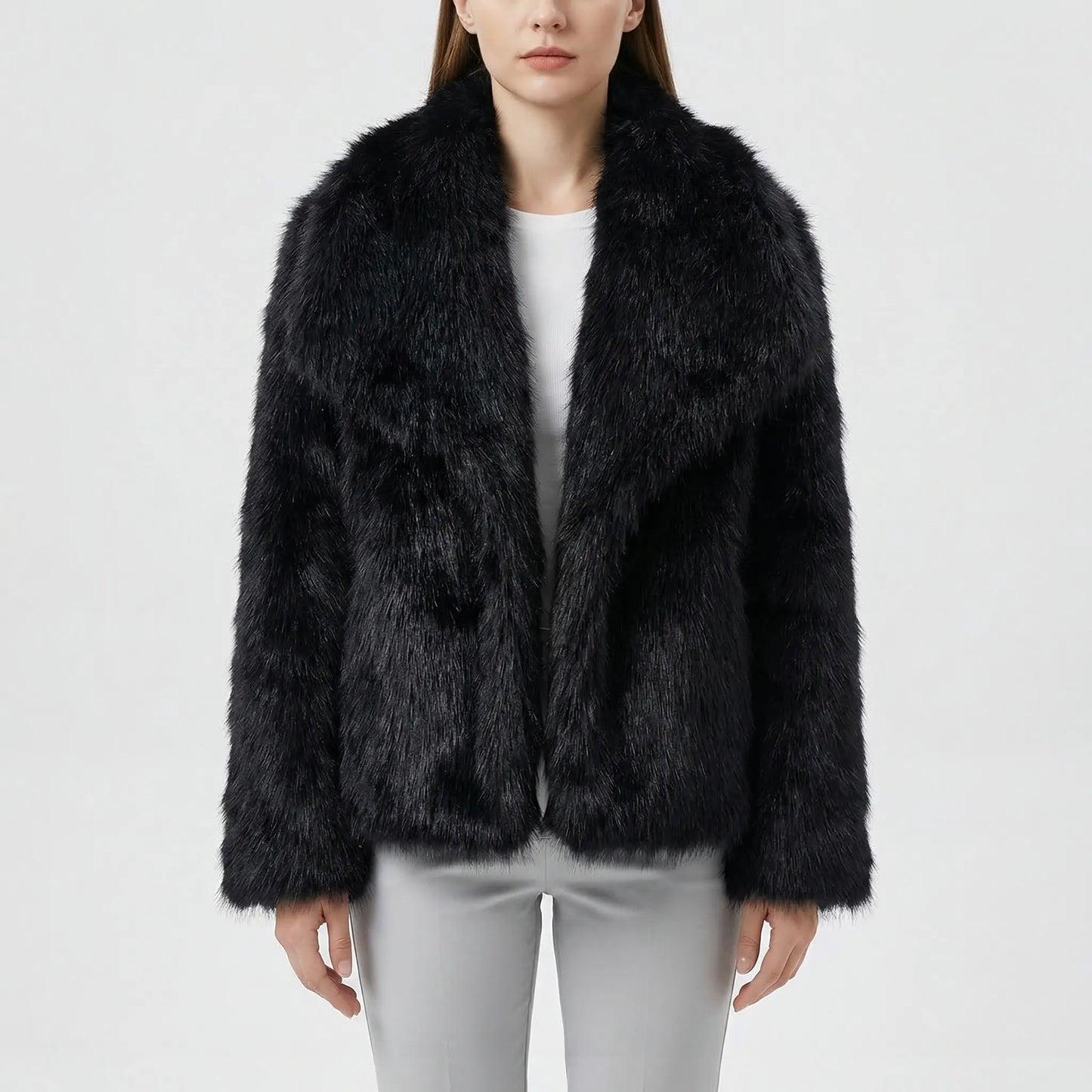 Fluffara - Cropped Open-Front Faux Fur Jacket