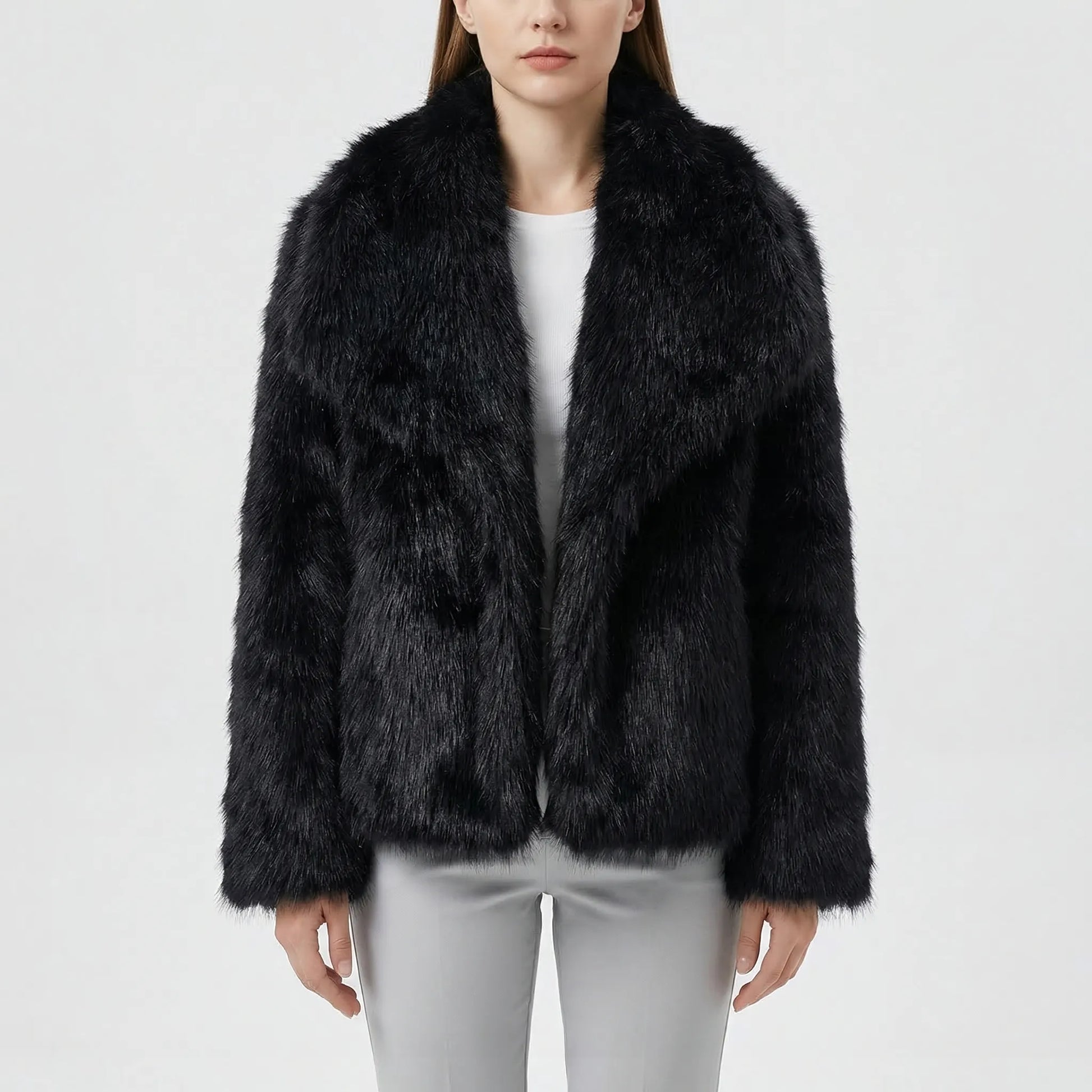 Fluffara - Cropped Open-Front Faux Fur Jacket