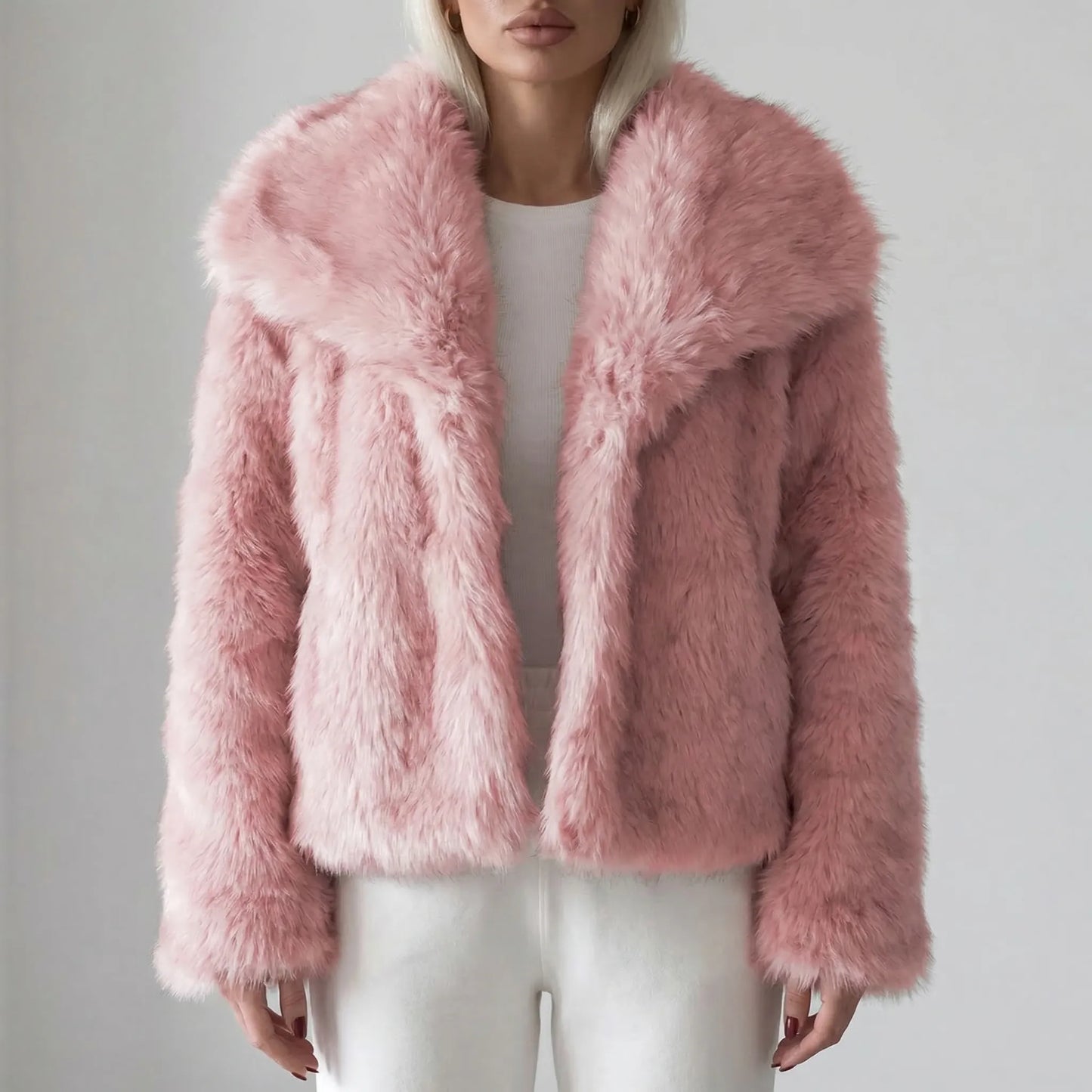Fluffara - Cropped Open-Front Faux Fur Jacket