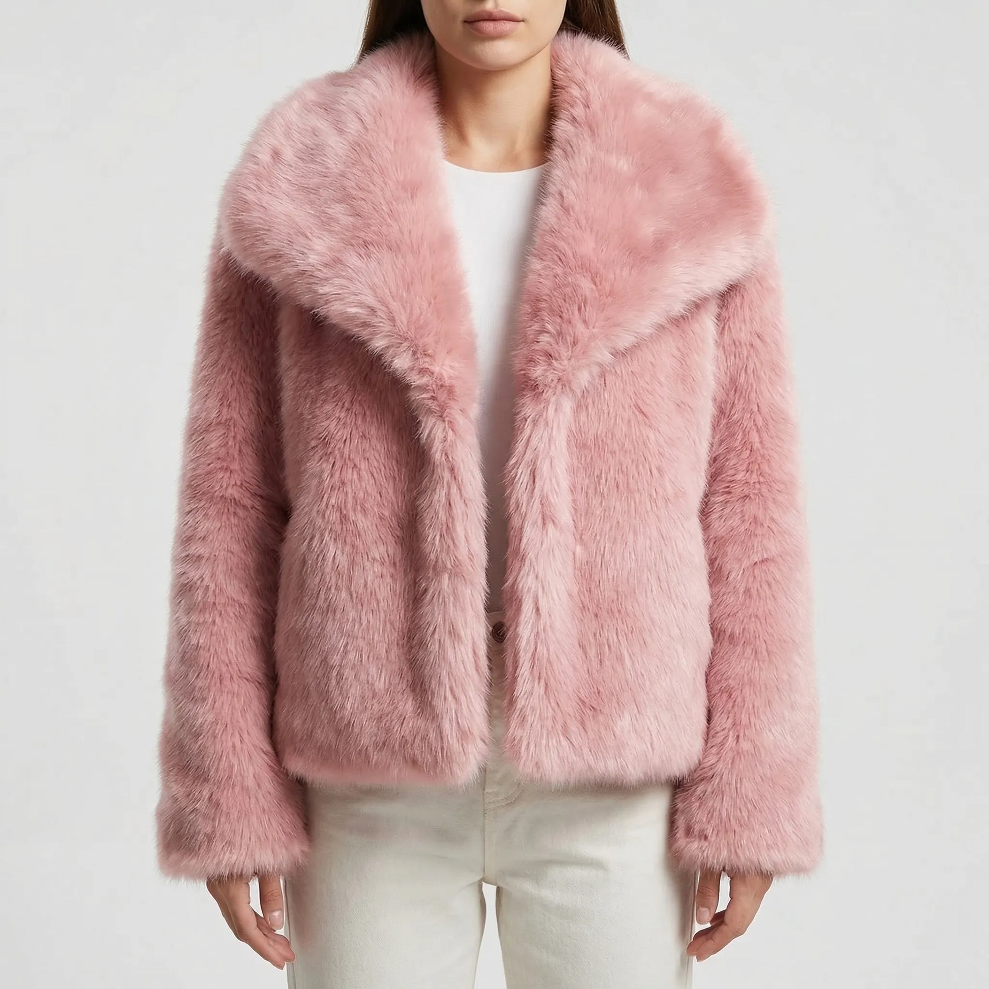 Fluffara - Cropped Open-Front Faux Fur Jacket