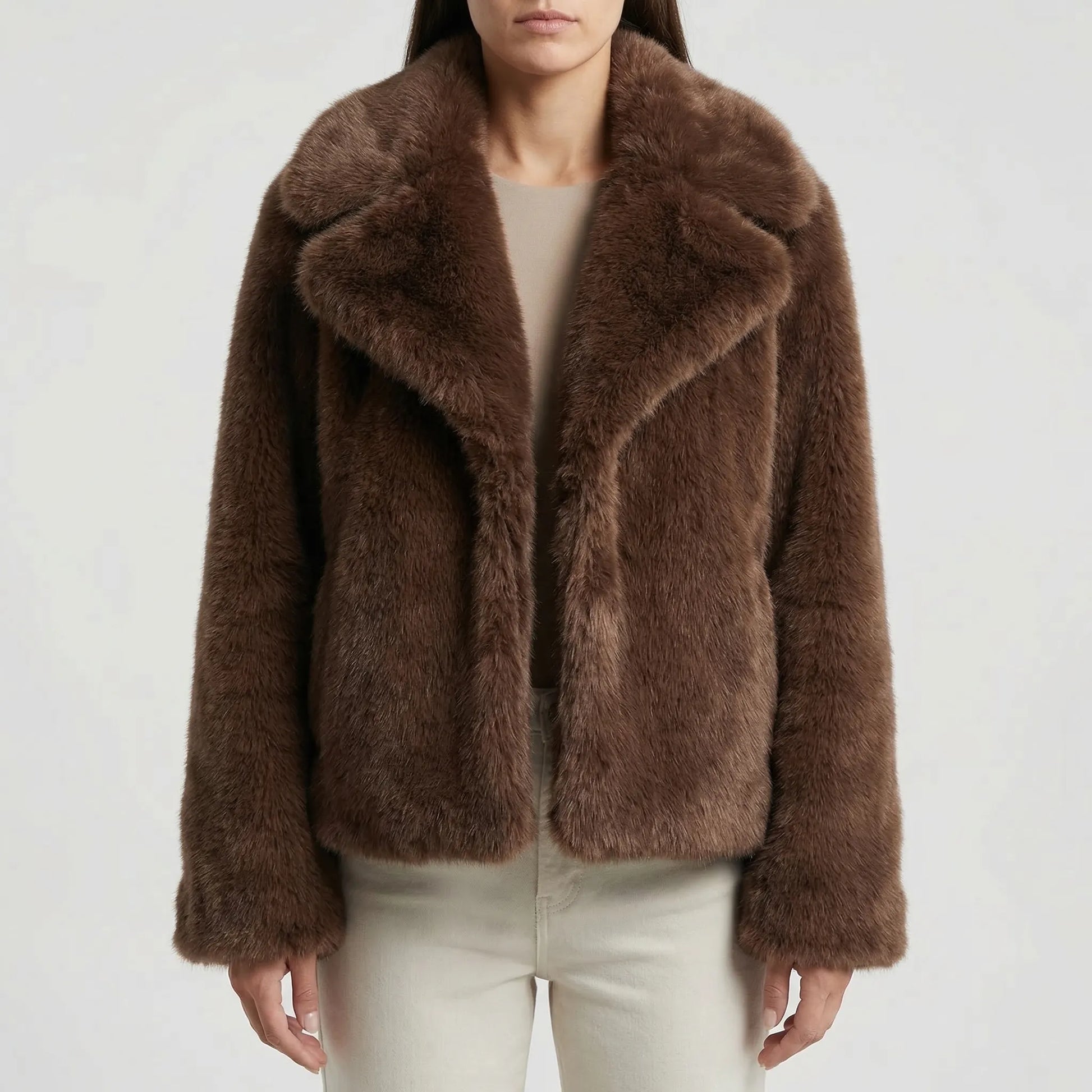 Fluffara - Cropped Open-Front Faux Fur Jacket
