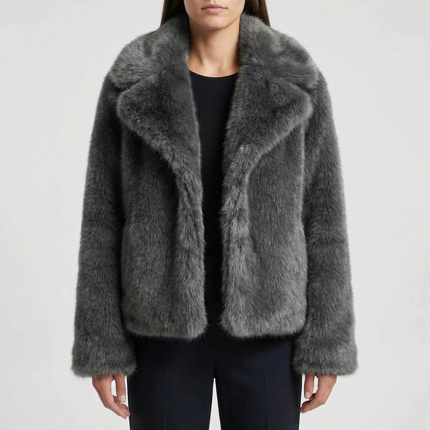 Fluffara - Cropped Open-Front Faux Fur Jacket