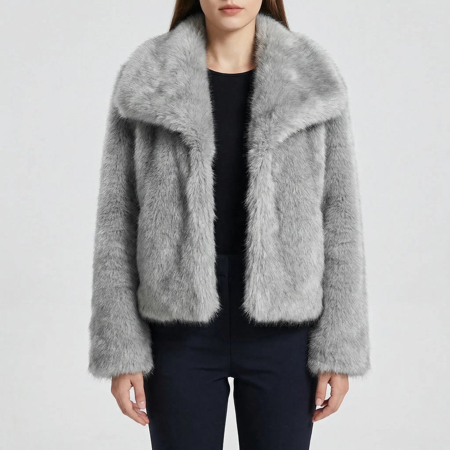 Fluffara - Cropped Open-Front Faux Fur Jacket