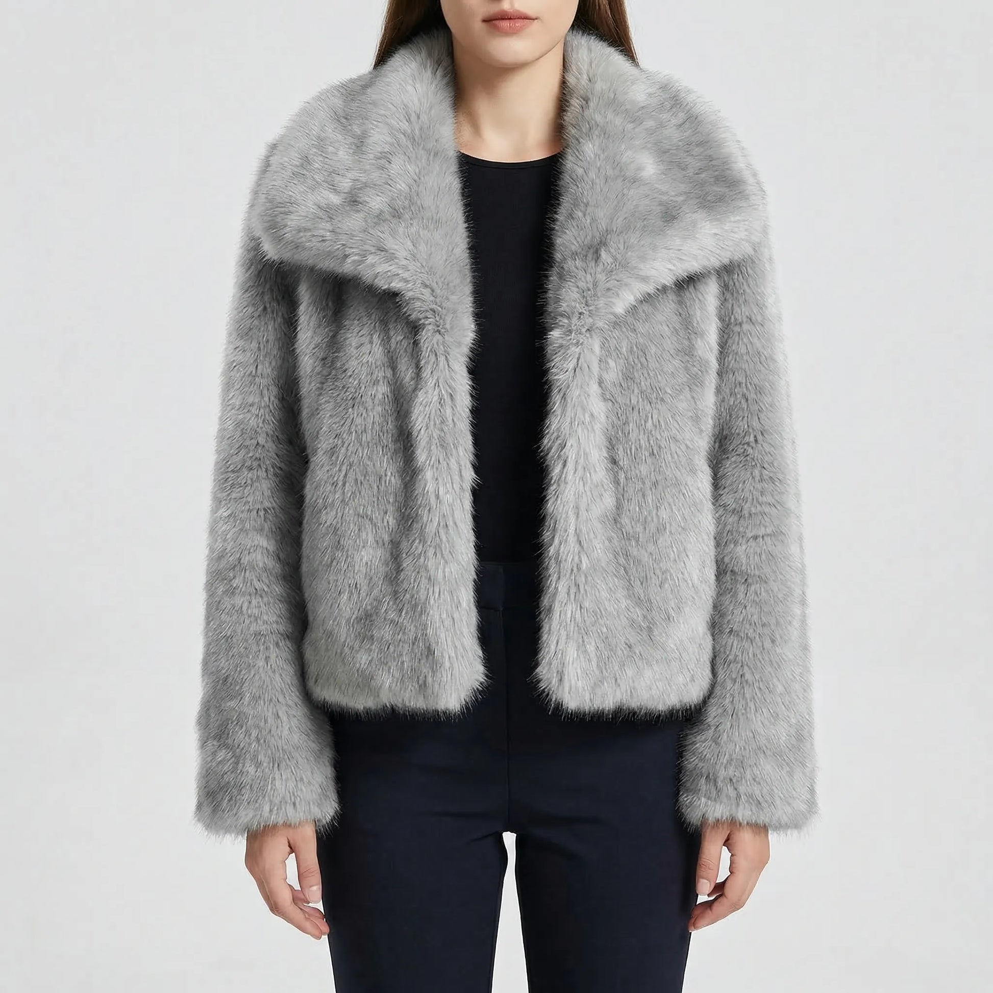 Fluffara - Cropped Open-Front Faux Fur Jacket