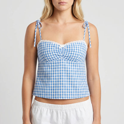 Gingella | Gingham Print Lace-Trim Crop Top
